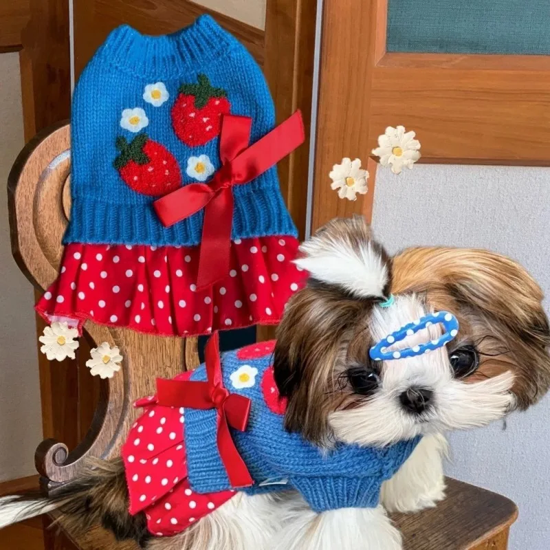 

Pet Autumn/Winter Knitted Strawberry Dress Bow Sweater Princess Dress Teddy Cat Coat Dog Clothes for Small Dogs Puppy Clothes