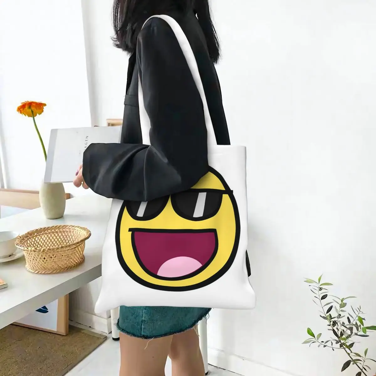 Awesome Face Epic Smiley Shopping Bags Canvas The Tote Bag Foldable for Women Shoulder Tote Travel Handbag