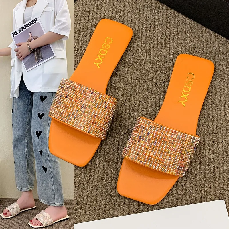 

Glitter Slides Flat Shoes Female Woman's Slippers Low Square Toe Big Size Jelly Summer Fabric Rome Rubber Crystal Sequined