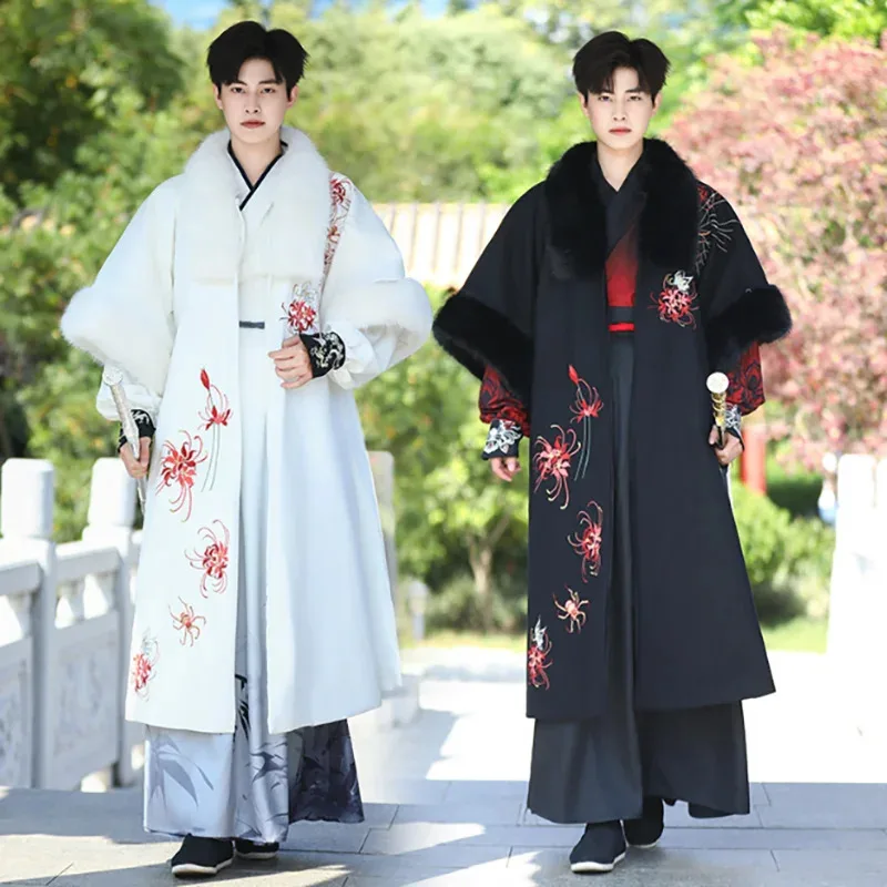 

Winter Men`s Hanfu Cloak Coat Chinese Warm Embroidery Black White Cape Christmas Costume Fur Collar Cape Jacket For Men