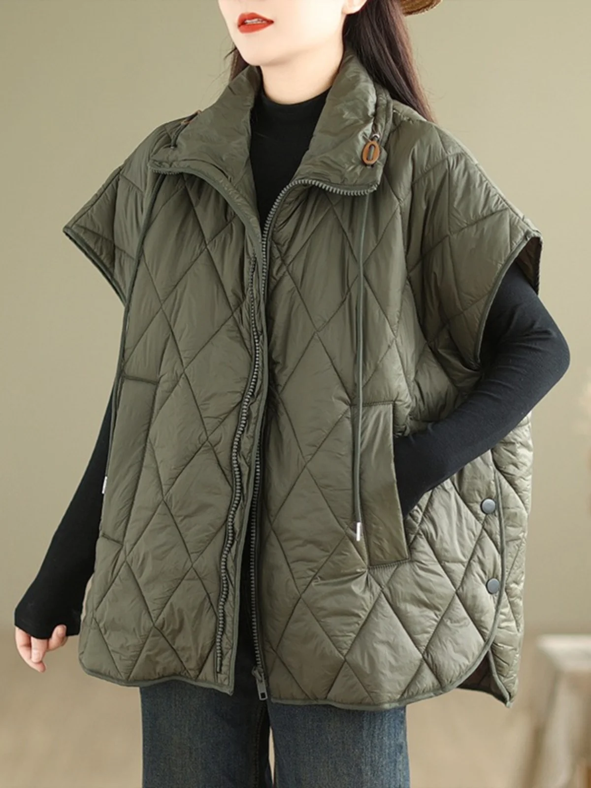 

Lightweight Padded Diamond Quilted down Vest Women's Autumn Winter Warm Dstring Jaet Vest Faion Commute Sle Zipper C...