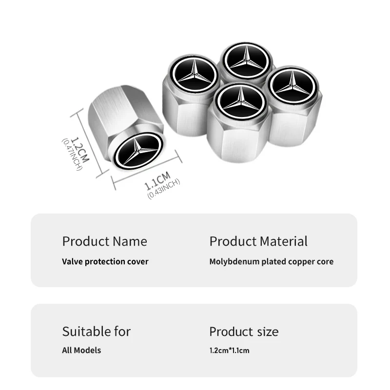 5pcs Metal Tire Valve Cap Dust Protection Cover Accessories For Mercedes Benz C180 C300 W124 W176 W177 C200 C260 GLC CLE CLA AMG view 6