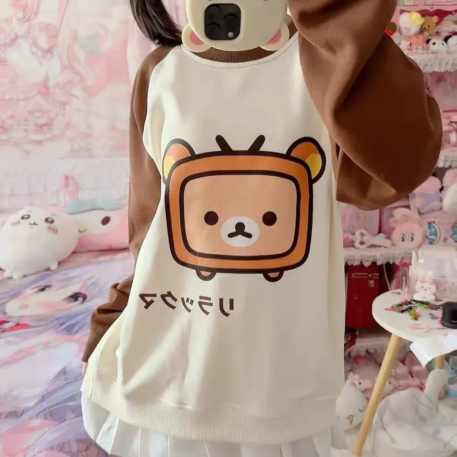 

Cute Bear oulder Sve Patchwork Sweatirt Women's Loose Long Sve Autumn Winter Soft Girl Top Color Blo round Ne