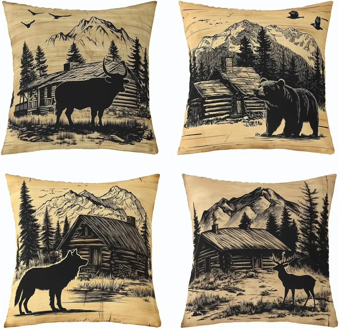4 Pack Rustic Wilderness Throw Cushion Covers Lodge Cabin Decor Print Set for Living Room Sofa Nature Wildlife Mountain Home Acc