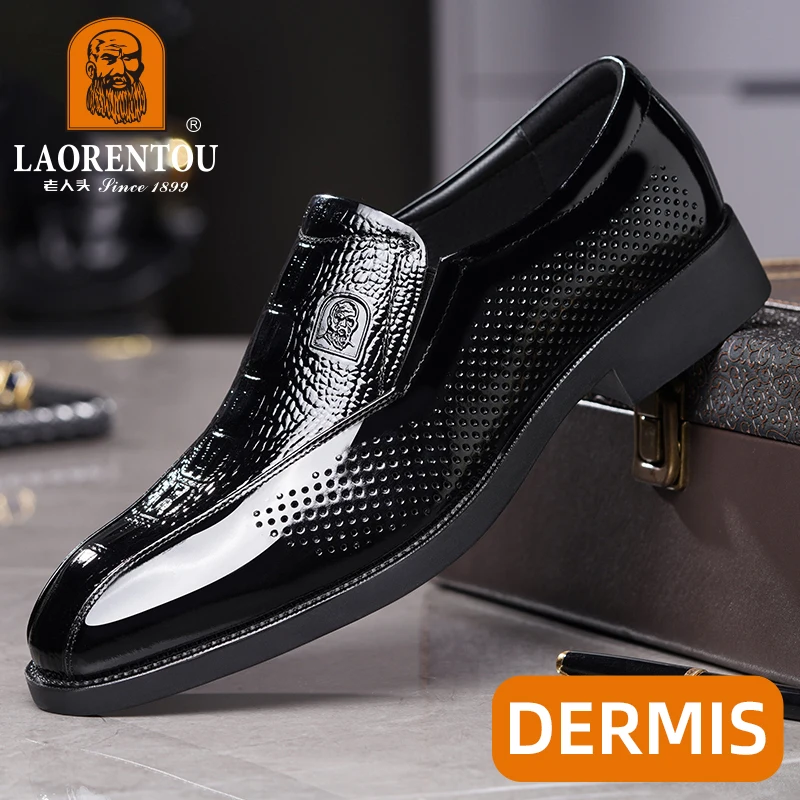 

Мужские кожаные туфли LAORENTOU, черные деловые туфли из натуральной воловьей кожи, с отверстиями, обувь Дерби для поездок,