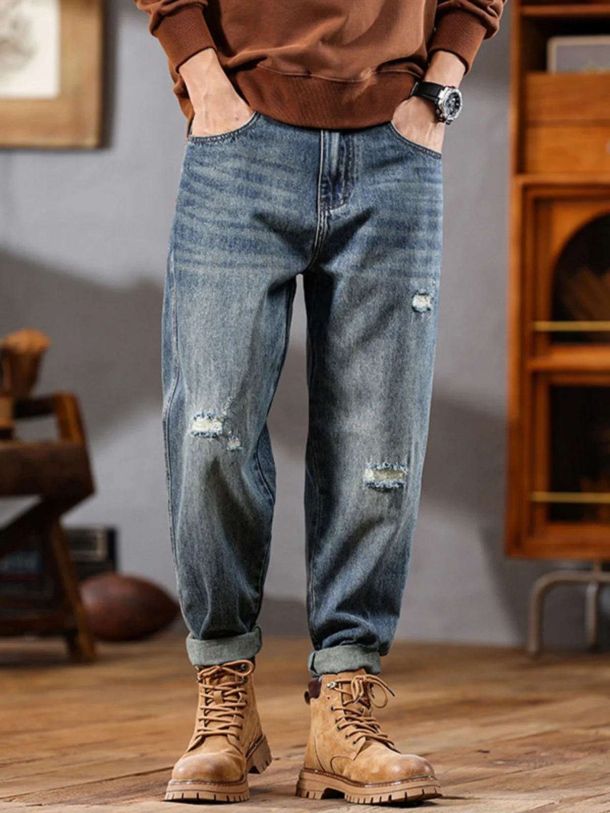 

Мужские джинсы в стиле ретро с эффектом потертости, зауженные, повседневные, в уличном стиле, свободные прямые джинсы-трубы, молодежный тренд