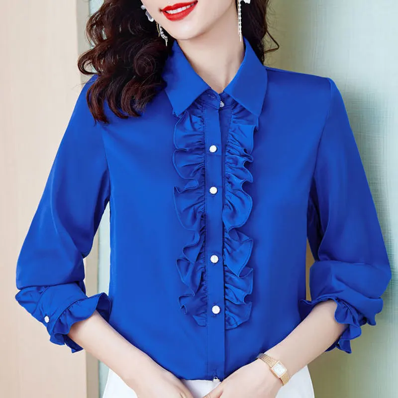 Women\'s Clothing Solid Color Ruffles Patchwork Blouse Spring Autumn New Elegant Single-breasted Commute All-match Straight Shirt