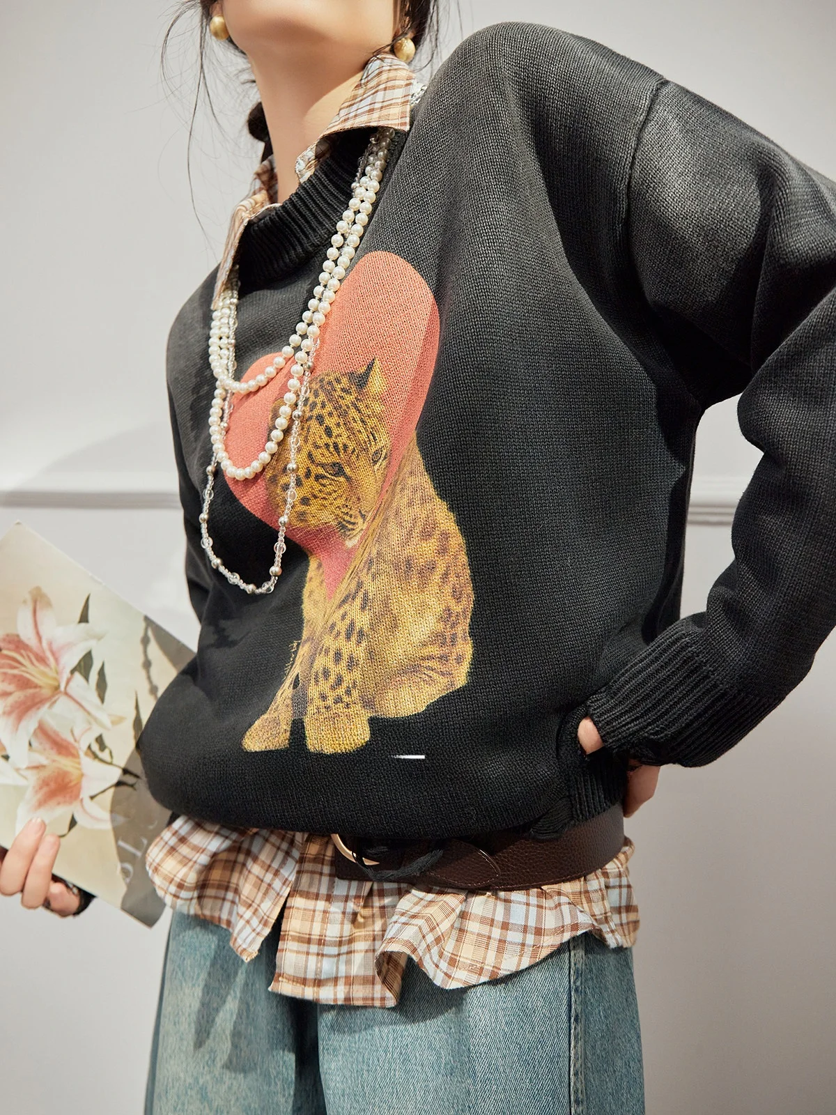 

ey Leopard Print round Ne Sweater Women's Faion Commute Sle Long Sve Warmth Emitting Autumn New Arrival