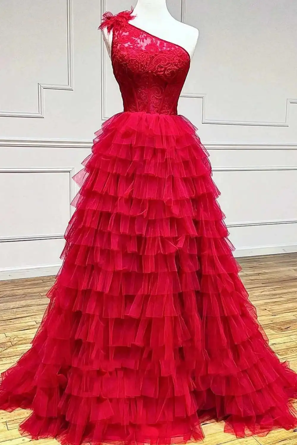 Una linea una spalla A strati lungo abito da ballo in Tulle con spacco Ruffles pizzo pieghettato senza maniche abiti da festa formali abiti da sera