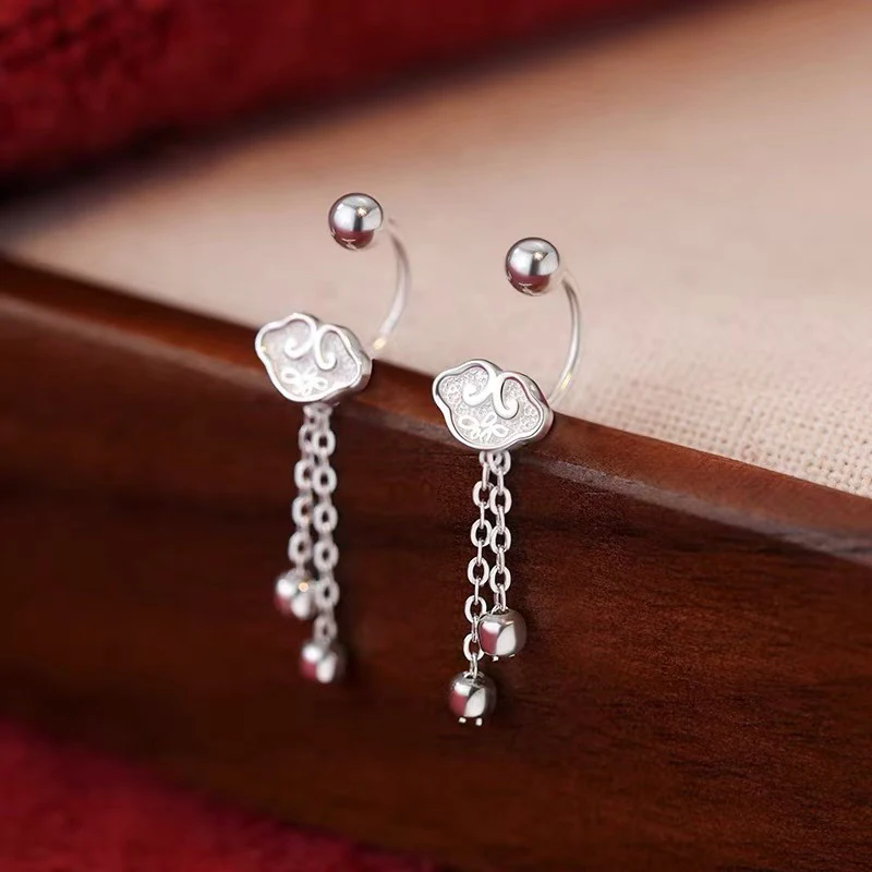 

Real 925 Sterling Silver Auspicious Clouds Chain Tassel Stud Earrings For Women Cute Fine Jewelry Small Niche Luxury Accessories