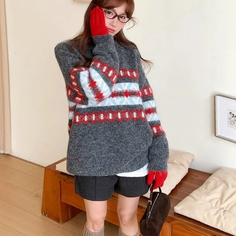

Fer Island Lazy Style Retro Contrasting Striped Loose Pullover Sweater for Women's Autumn and Winter New Thick Women's Sweater