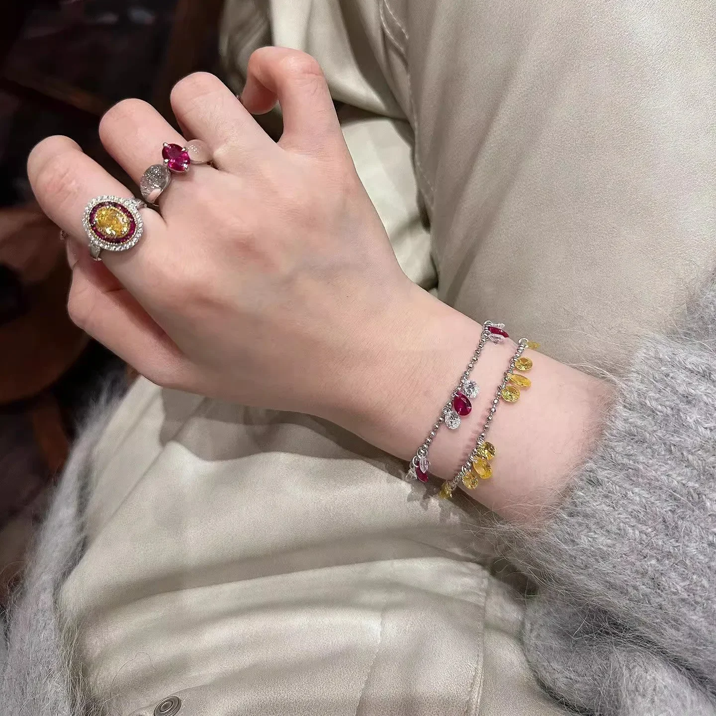 Light Luxury S925 Sterling Silver Necklace With Red Zircon And Sparkling Yellow Diamond Gypsy Star Bracelet For Elegant Female