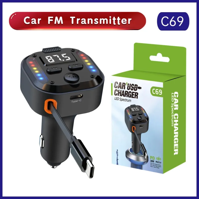 Bluetooth 5.3 FM Transmitter Handsfree Car AUX Radio Modulator MP3 Player with QC3.0 & PD30W Fast Charge Adapter Car Accessories