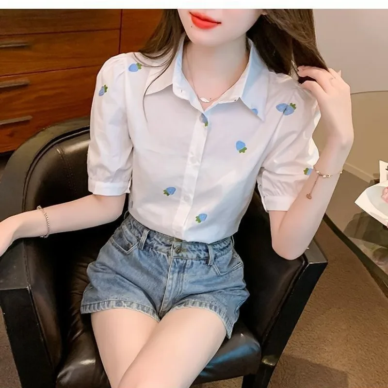 2024 Summer New Preppy Style Fashion Polo Neck Short Sleeve Chiffon Blouses Tops Printed Single-breasted Loose All-match Shirts