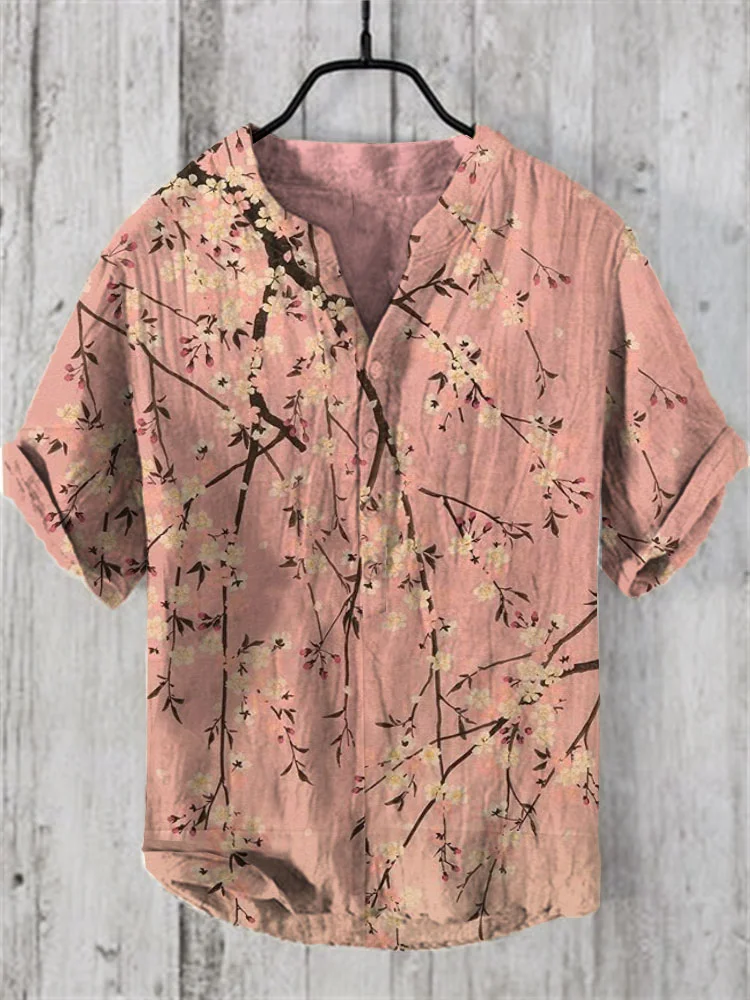 2024 Summer Flower Print Henry Shirt For Men Popular Men's Short sleeved Shirt Fashion Casual Oversize Hawaiian Men's Top