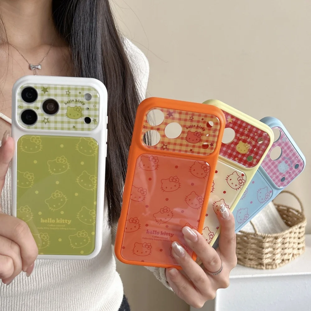 Cute Cartoon Large Window Four Colored Line KT Head Phone Case For iPhone 17 16 15 14 Pro Max Shockproof Protective Soft Cover