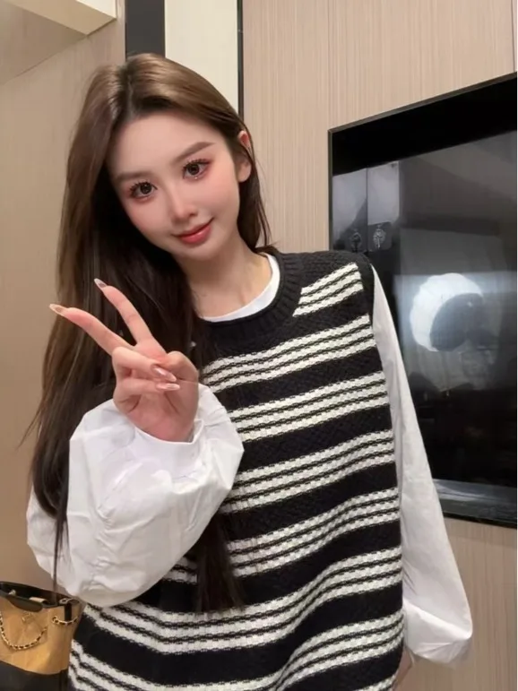 한국 슬레 소프트 스웨터 베스트 여성용 가을 겨울 이너웨어 스트라이프 니트 탑 편안하고 통기성 좋은 캐주얼