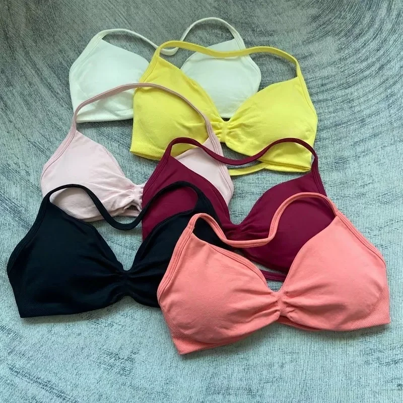 No Logo Sports Bra Strappy Backless Yoga Gym Bra Removable Cups Women Workout Clothing Gym Top Halter Sport Bras image 2