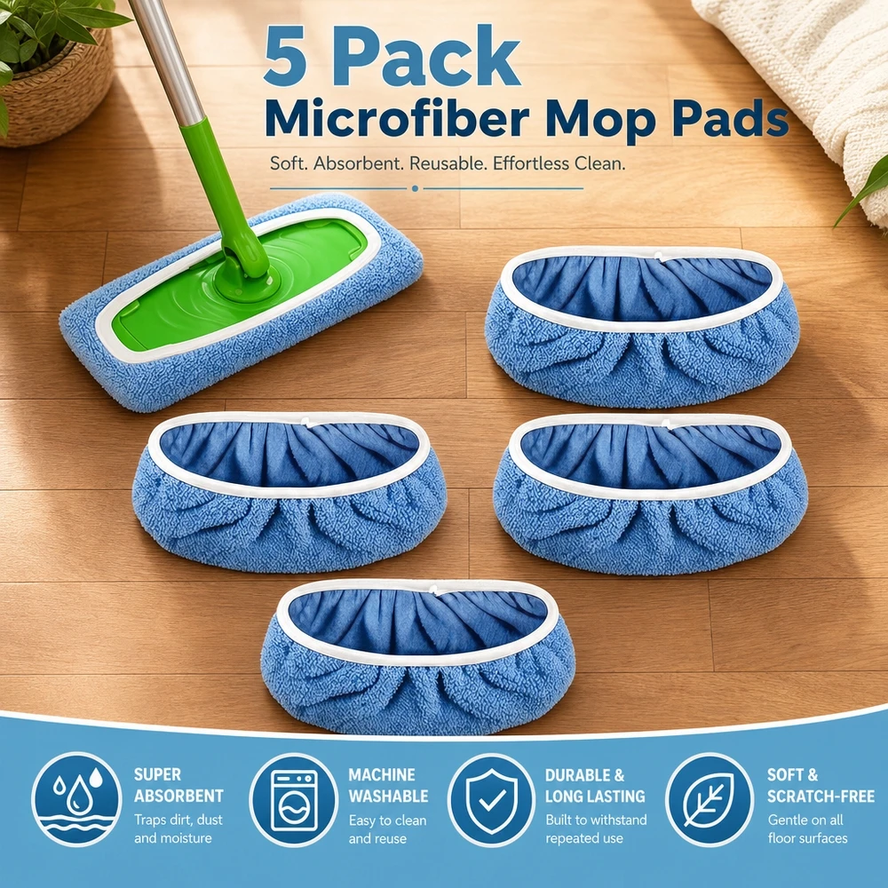 5 Pack Microfiber Mop Pads Reusable Wet Dry Cleaning Refills for 10x4.5 Inch Heads Hardwood Tile Laminate Stone Floors