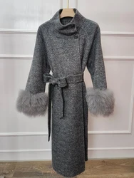 2024 Women Autumn Natural Real Fox Fur Long Woolen Jacket Coat Female Slim Woolen Coat