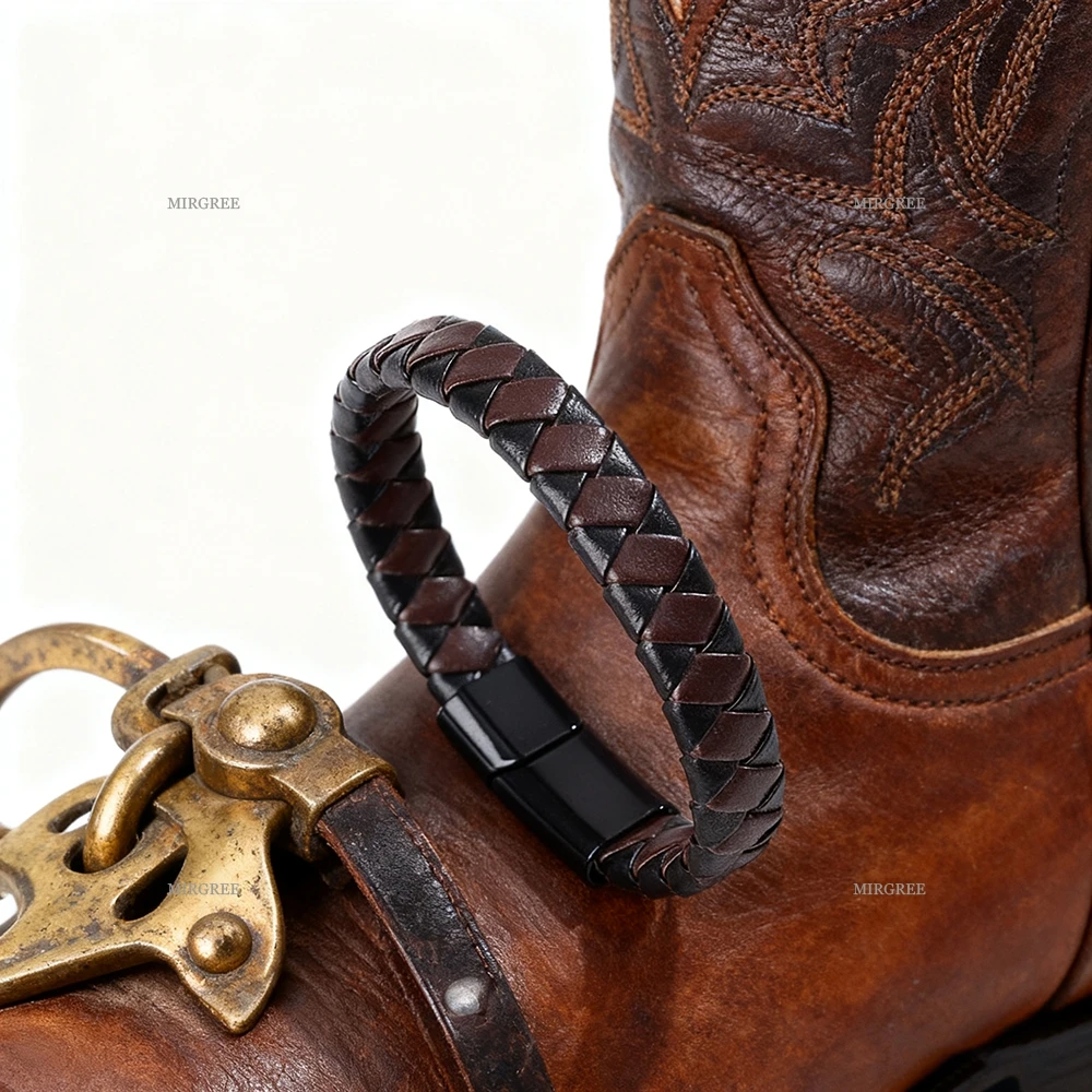 قطعة واحدة من سوار جلد البولي يوريثان المنسوج باللون الأسود والبني للرجال، مجوهرات عصرية عتيقة، هدية مثالية للرجال للمغامرات الخارجية #1