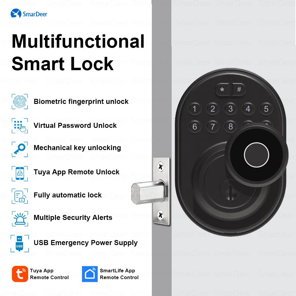 SmarDeer 4-in1 Electronic Lock for Tuya Smart Lock with Deadbolt  Fingerprint Lock Keyless entry with SmartLife App Remote unloc