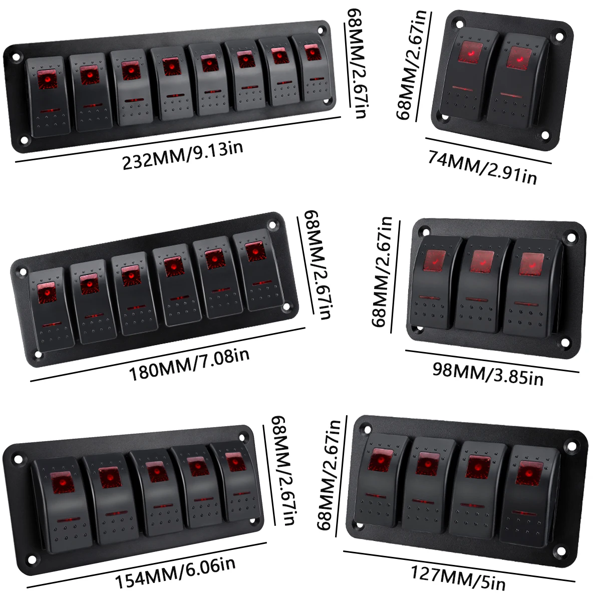 Multi Specification Red 5-Pin Rocker Arm Aluminum Switch Panel, Suitable for 12V/24V Cars, Ships, ATV Trailers