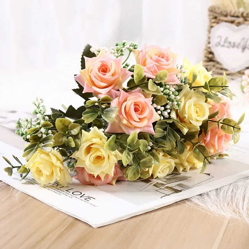 

6 Head Curling Silk Rose Real Touch Artificial Flowers, Faux Flowers, Fake Flowers Mini Bouquet for Home Wedding Decor Lace glue