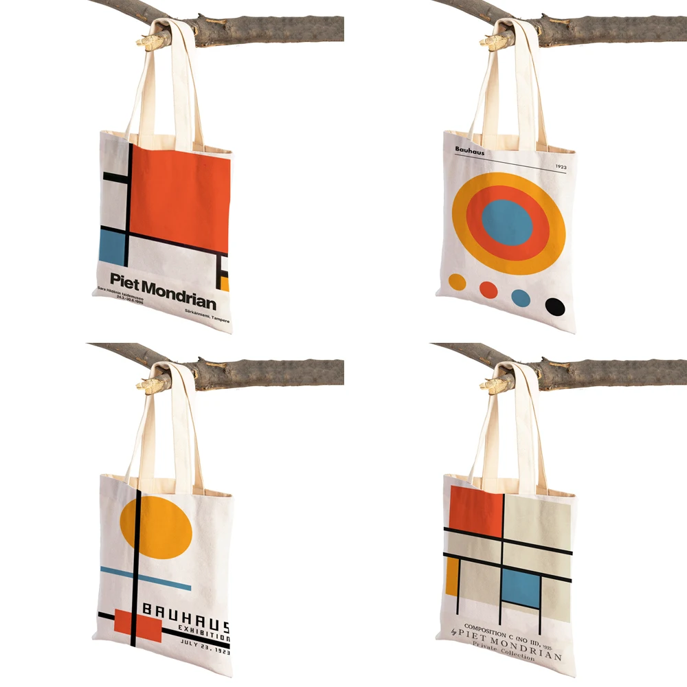 Piet Mondrian Geometric Line Color Block Double Print Shopping Bag Women Shopper Bags Lady Canvas Tote Reusable Travel Handbag