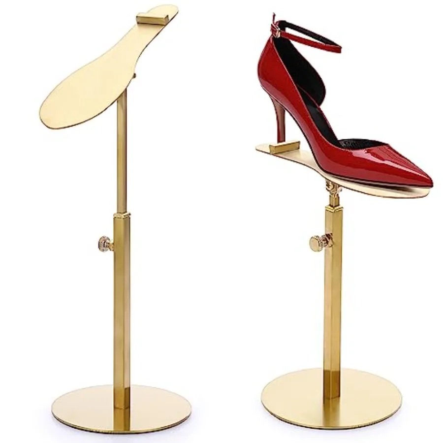 

Pack of 2 Countertop Shoe Display Stand for Boutique Height Adjustable Shoe Display Risers Stand for Retail Store Golden Stainl