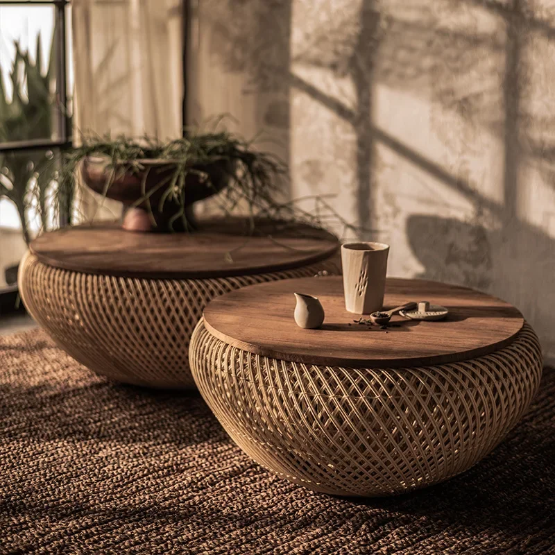 Nordic handmade rattan coffee table living room household rattan woven ash solid wood tabletop round small apartment tea table