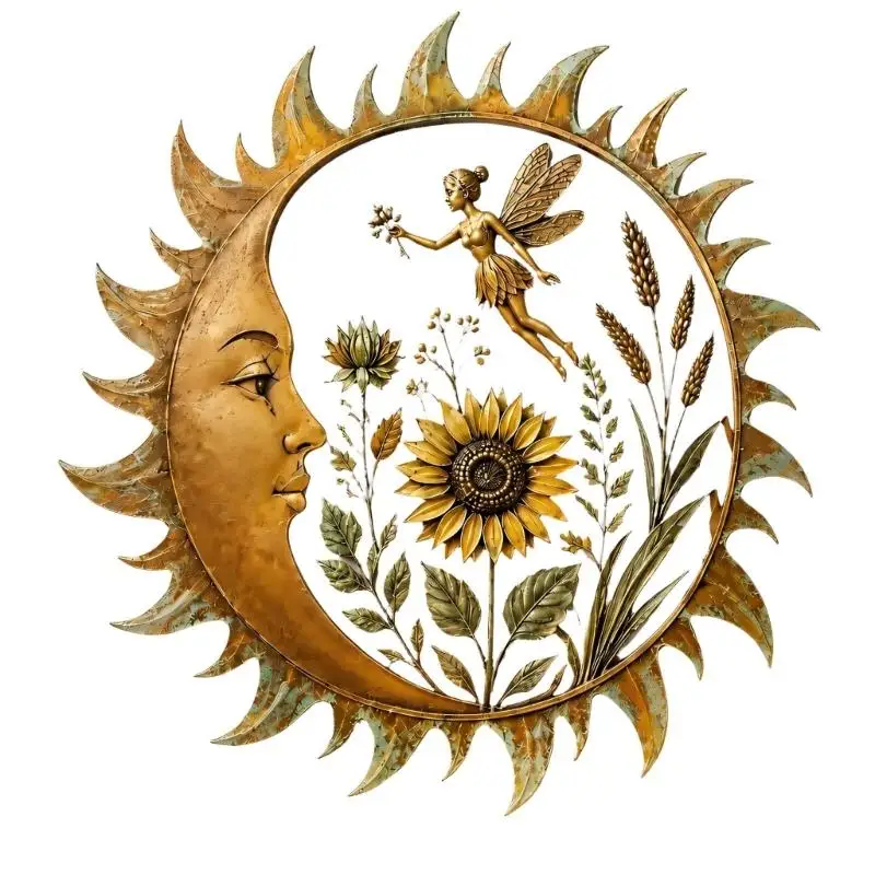 E8BD Round Open Frame Metal Wall Art with Raised Moon and Forms for Living Room, Bedroom, Garden, or Guesthouse Display