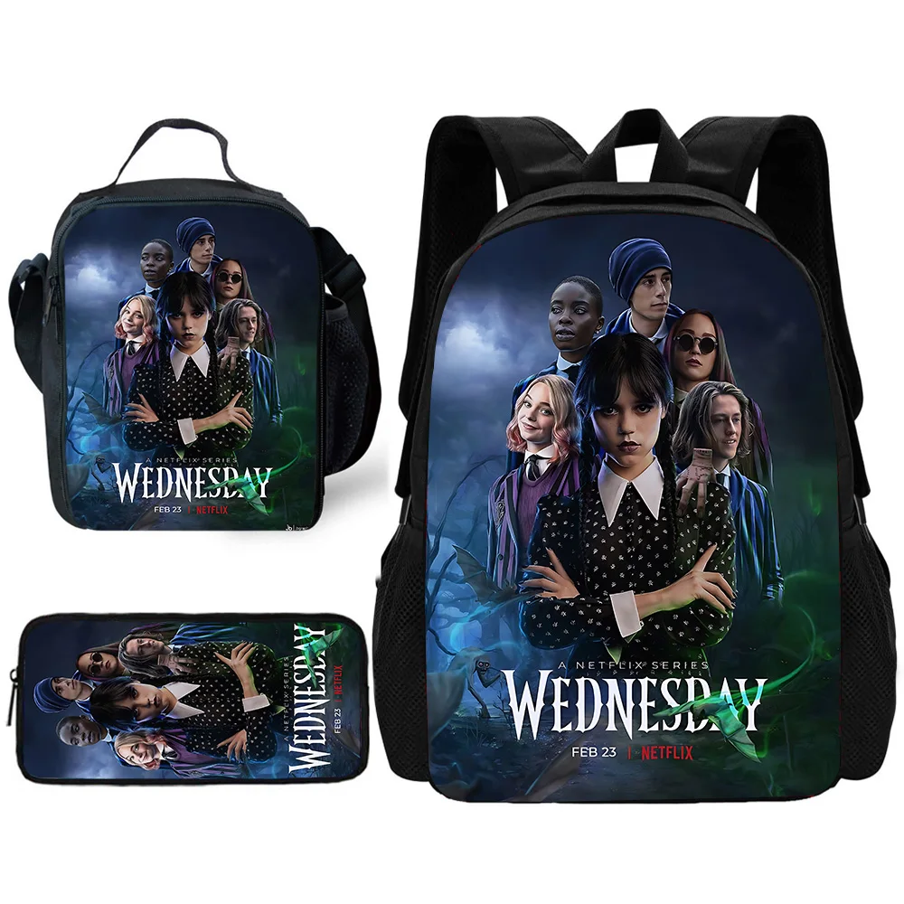 Child School Cartoon Wednesday A-Addamss Backpack with Lunch Bags ,Pencil Bags ,School Bags for Boys Girls Best Gift