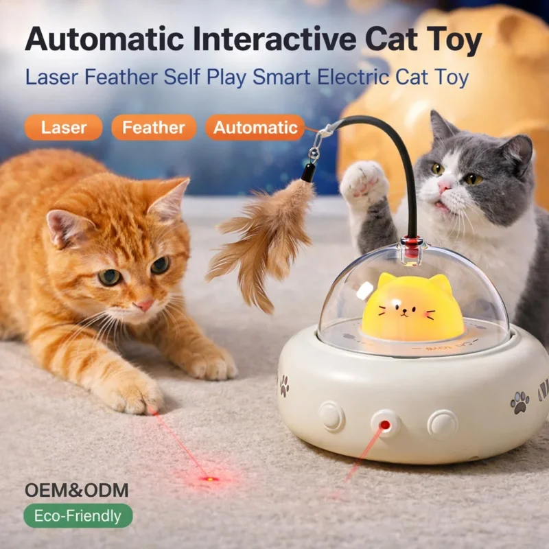 Smart Electric Cat Teaser Toy UFO Automatic Interactive Cat Toy with Feather & Bell, Motion Sensor Laser Cat Toy for Indoor Cats