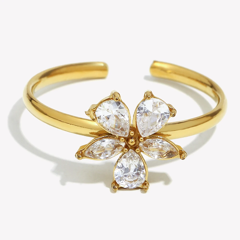 Bague d'ouverture de fleur à cinq pétales de Zircon blanc, bijoux hypoallergéniques plaqués or 18 carats, décoration en acier inoxydable 316L