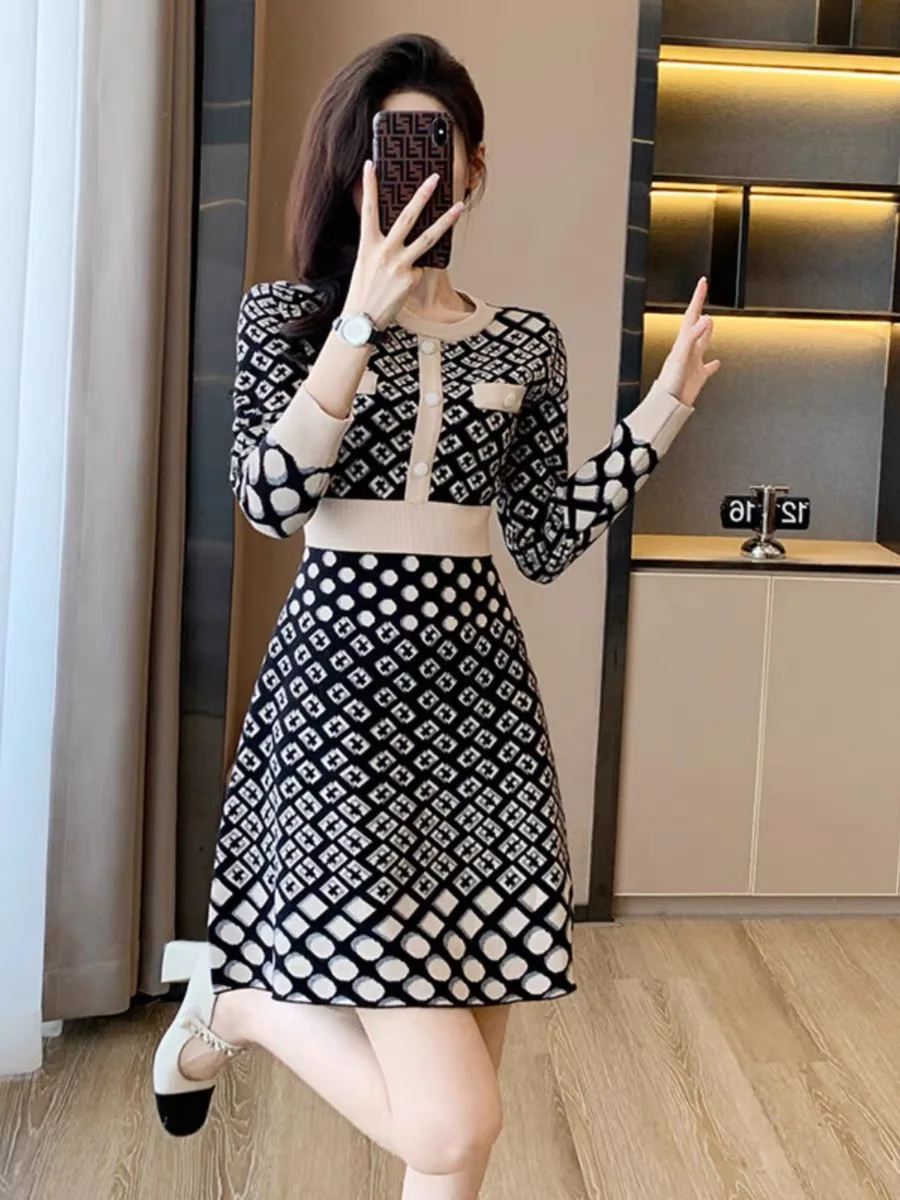 Celebrity Style Autumn and Winter New Commuter Round Neck Long Sleeve Checked Knit Dress Temperament Wear Base Sweater Dress