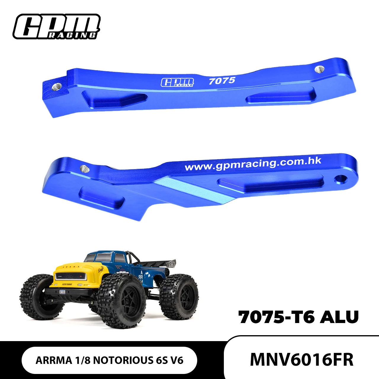 

GPM 7075-T6 ALLOY FRONT AND REAR CHASSIS BRACE For ARRMA 1/8 NOTORIOUS 6S V6 4X4 BLX BRUSHLESS STUNT TRUCK RTR-ARA8611V6