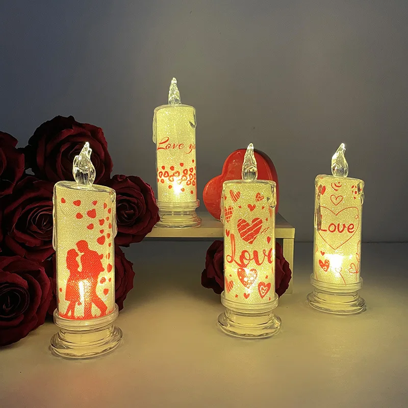 

2pc 6.5x18cm Valentine's Day Electronic 520 Bulletin Qixi LED Simulation Tear Type Candle Light Pink heart glow decorations
