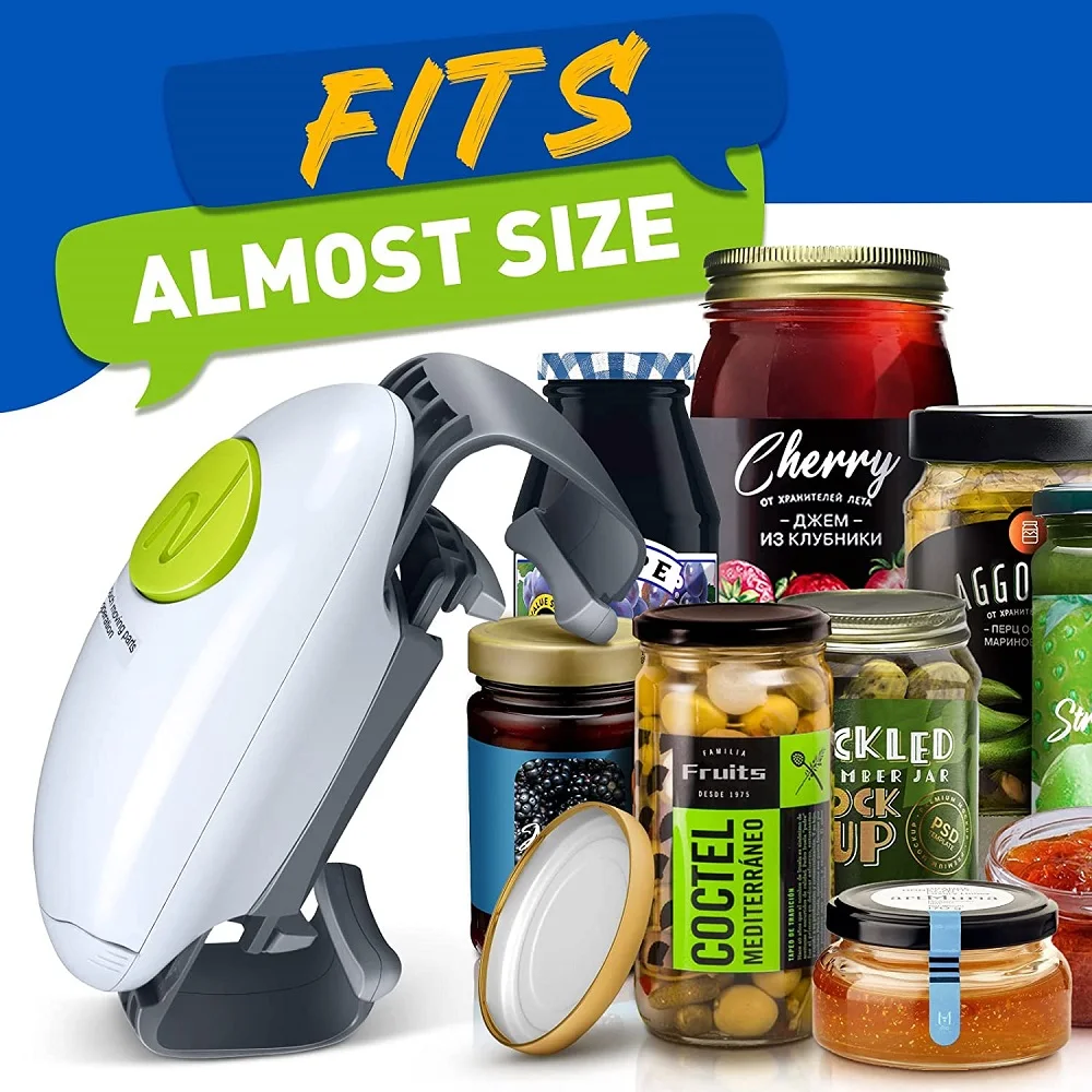 Abridor de latas eléctrico con un toque, encendido y apagado automático, mayor par, apto para casi frascos, herramienta de cocina de tamaño