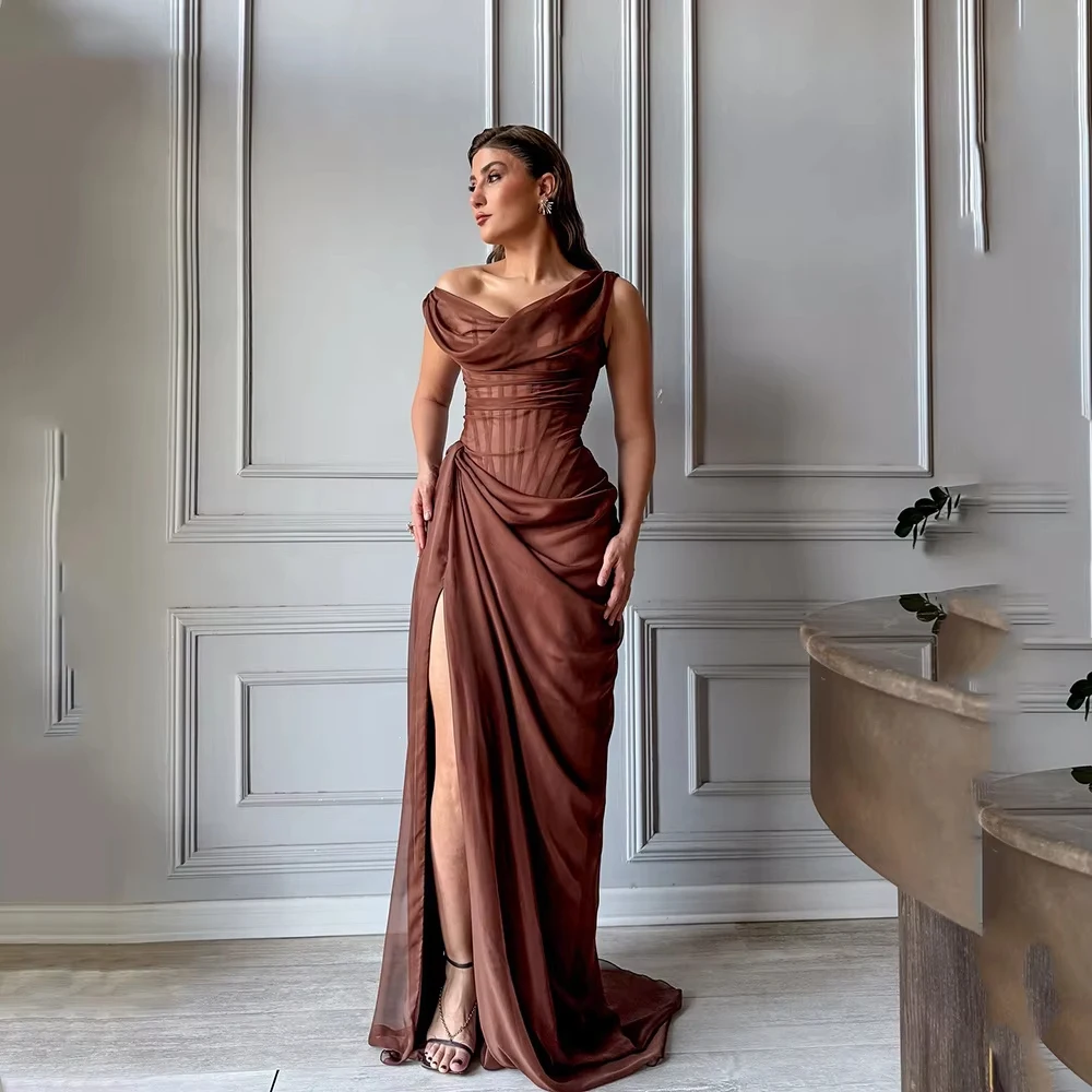 

Brown Chiffon Evening Dress for Women One Shoulder Mermaid Prom Gown Pleat Side Slit Sexy Formal Occasion Dresses Customized