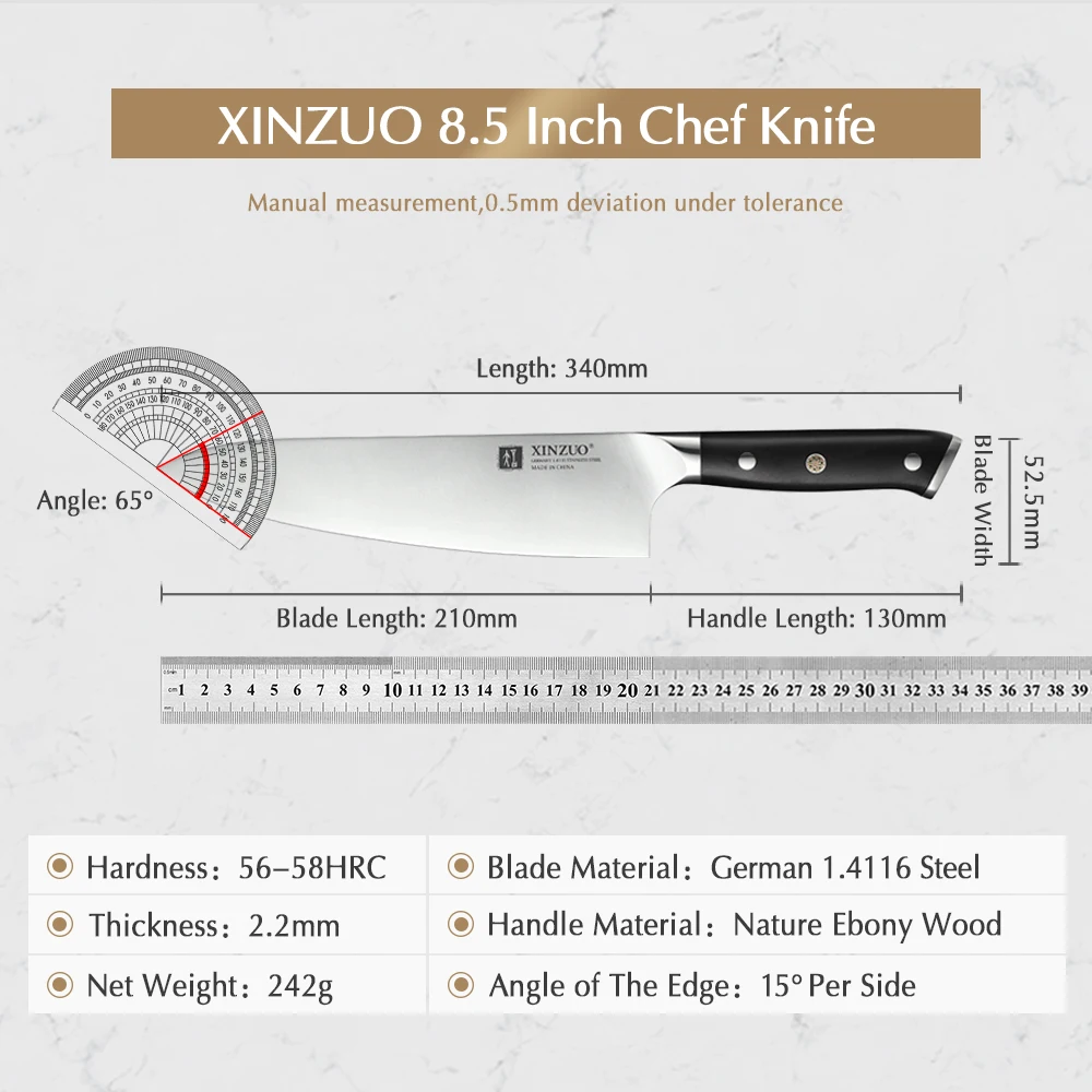 XINZUO 8.5\'\' Chef Knife German 1.4116 Stainless Steel Sharp Blade Cleaver Santoku Kitchen Cooking Meat Slicer Tool Ebony Handle