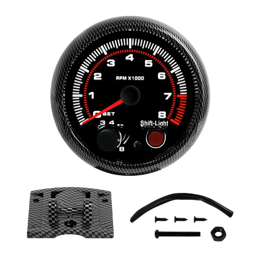 Rev Counter Gauge 95mm Diameter 0 to 8000 RPM for 4 6 8 Cylinder Cars Adjustable 2000-8000 RPM Carbon Fibre Housing
