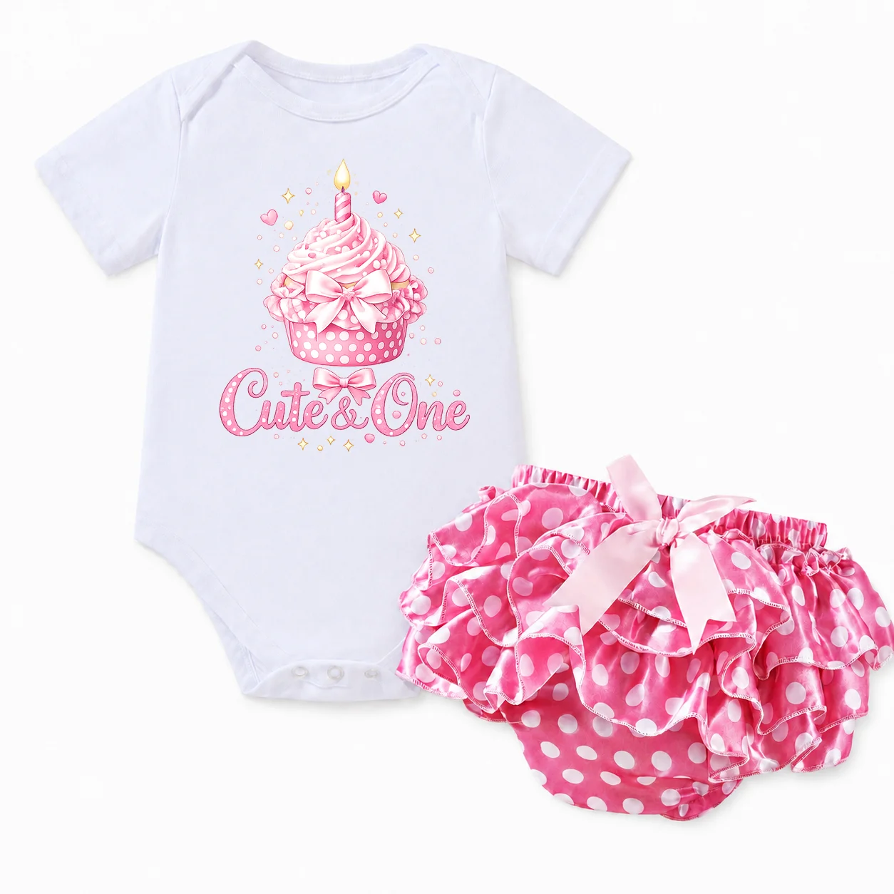 Baby Girls 1st Birthday Outfit Cute & One Cupcake Print Bodysuit Pink Polka Dot Bloomers Bow Shorts Set Toddler First Birthday C