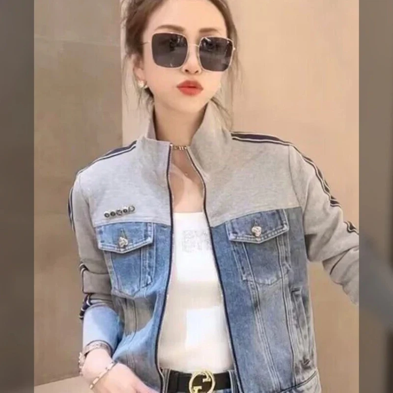 

Streetwear Women's Spliced Denim Jacket With Zipper And Pockets Casual Fashion Style For Spring Autumn