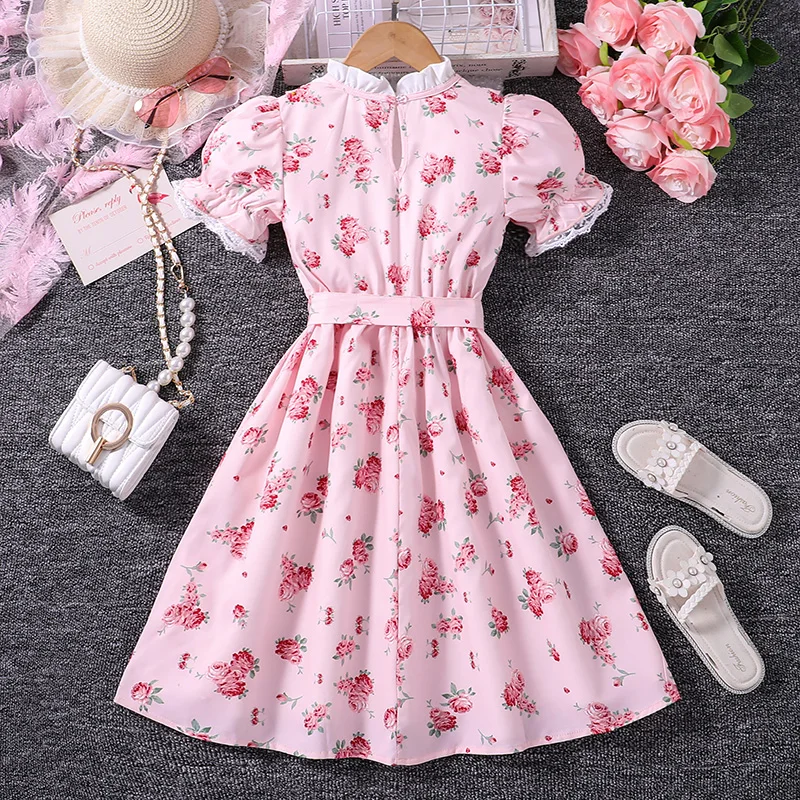 Girl Dress Summer New Vintage Pink Cute Floral Retro Print Lace Princess Girl Dress Fashion For 8-12Ys Kids Daily Casual Outfit