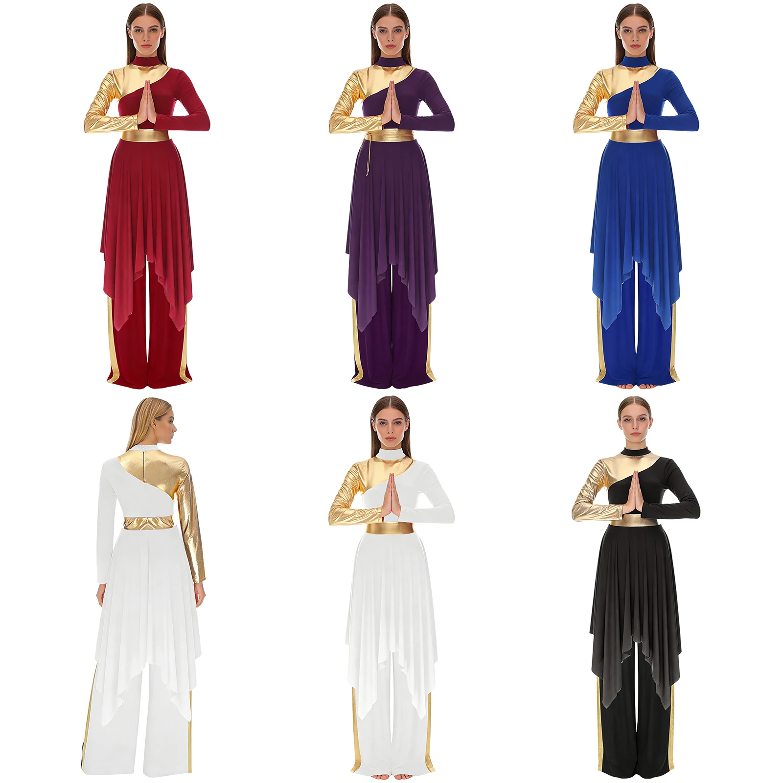 Women Worship Liturgical Dance Performance Costume Lyrical Dresses 2pcs Long Sleeve Asymmetrical Hem Dress with Wide-Leg Pants