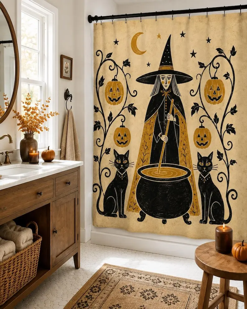 Vintage Witch Halloween Shower Curtain, Primitive Black Cat Jack O Lantern Decor