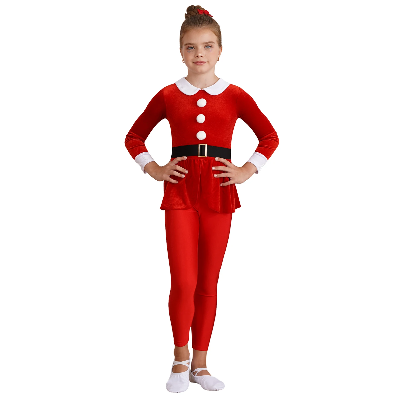 Kids Christmas Dance Costume Girls Elf Cosplay Full Bodysuit Stage Performance Lapel Collar Long Sleeve Pompom Peplum Jumpsuit