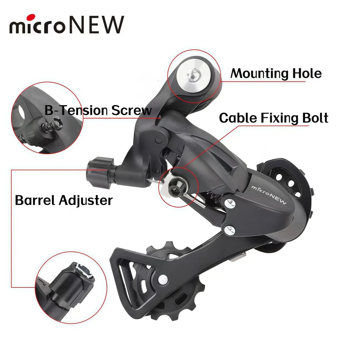 microNEW Bike Rear Derailleur – High-Tension Spring Slant-Parallel Wear-Resistant Pulleys For MTB & Road Bicycle (7-11 Speed)