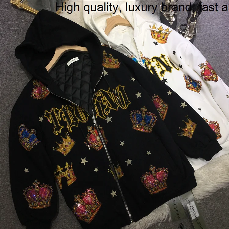 

Cotton-padded Thicken Women Blingbling Luxury Crown Hot Drilling Hooded Quilted Coat Loose Zip Long Sleeve Wadded Jackets